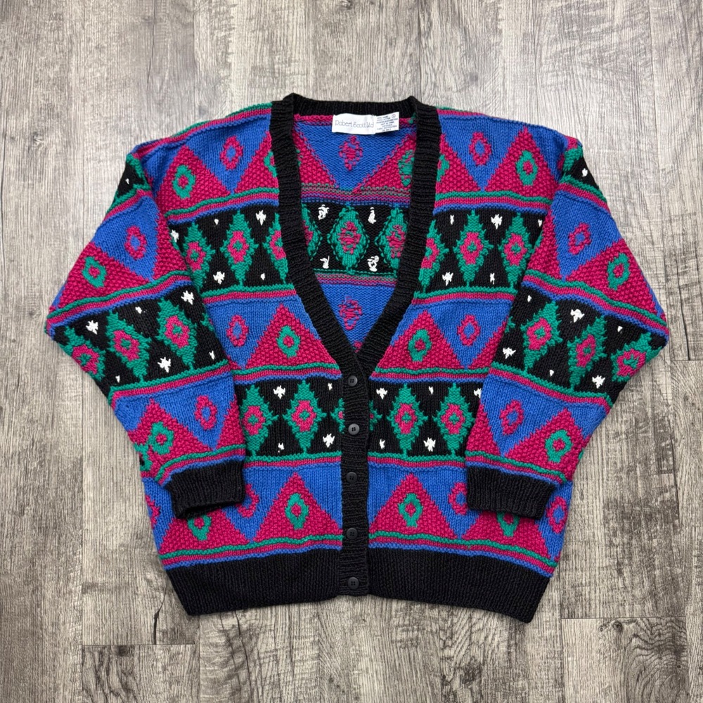 Vintage Robert Scott Ltd Multicolor Pattered Cardigan Sweater Sz L
